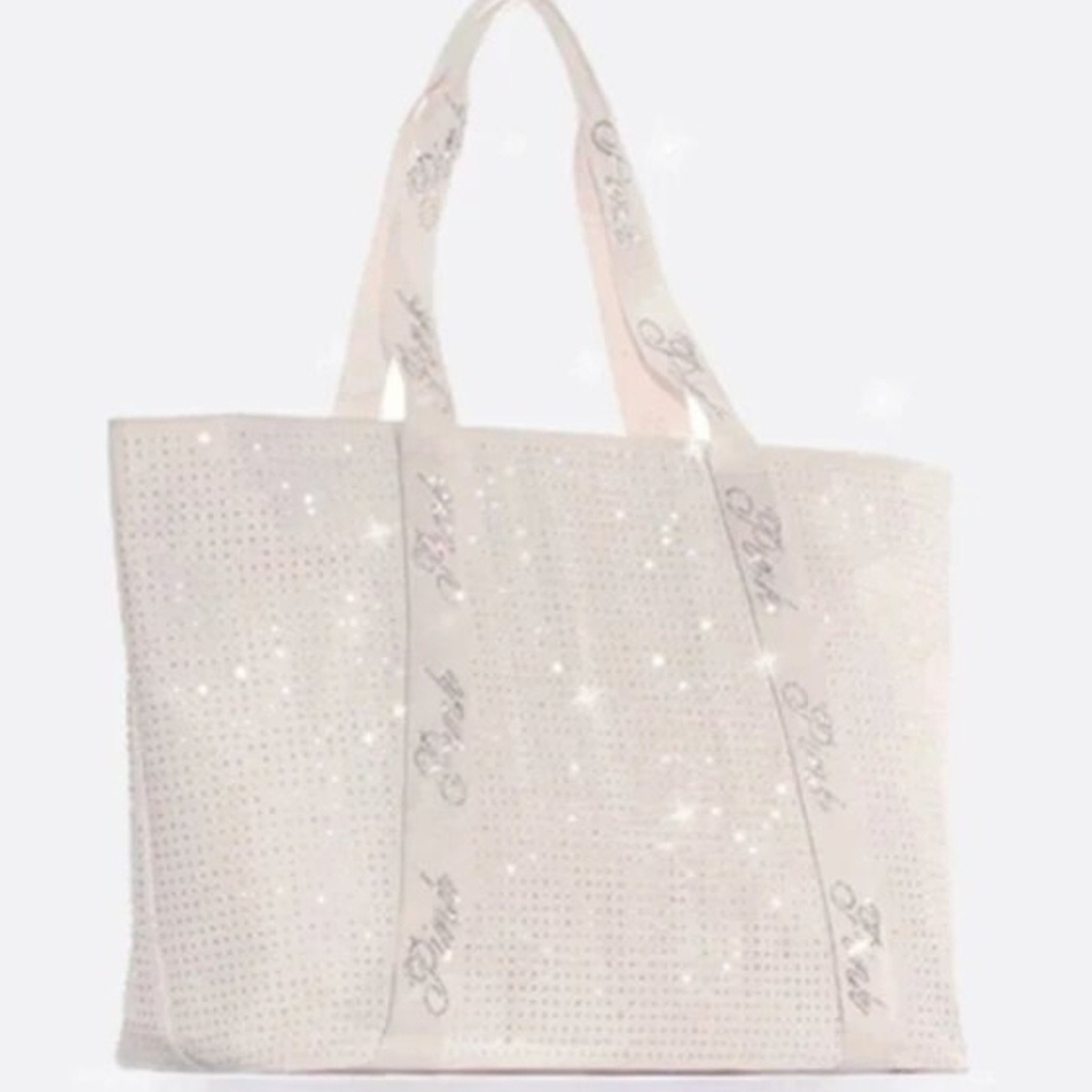 Victoria's Secret 2025 White Bling Tote And Candy Cane Themed Throw Blanket, NEW - Picture 3 of 5
